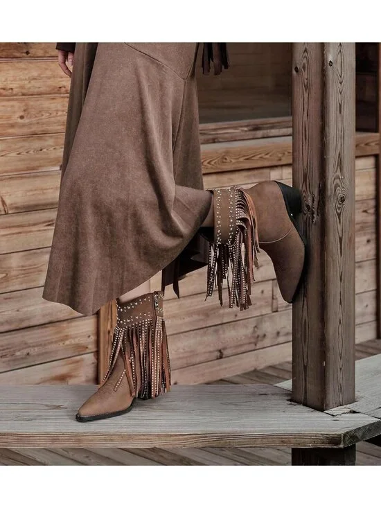 Women’s Brown Boots Rhinestone Studded Western Fringe Ankle Boot Block Heel - Picture 2 of 6